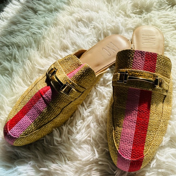 INC International Concepts Shoes - INC International Concepts Raffia Pink Red Mule Loafers Stripe Slide Shoes 9.5